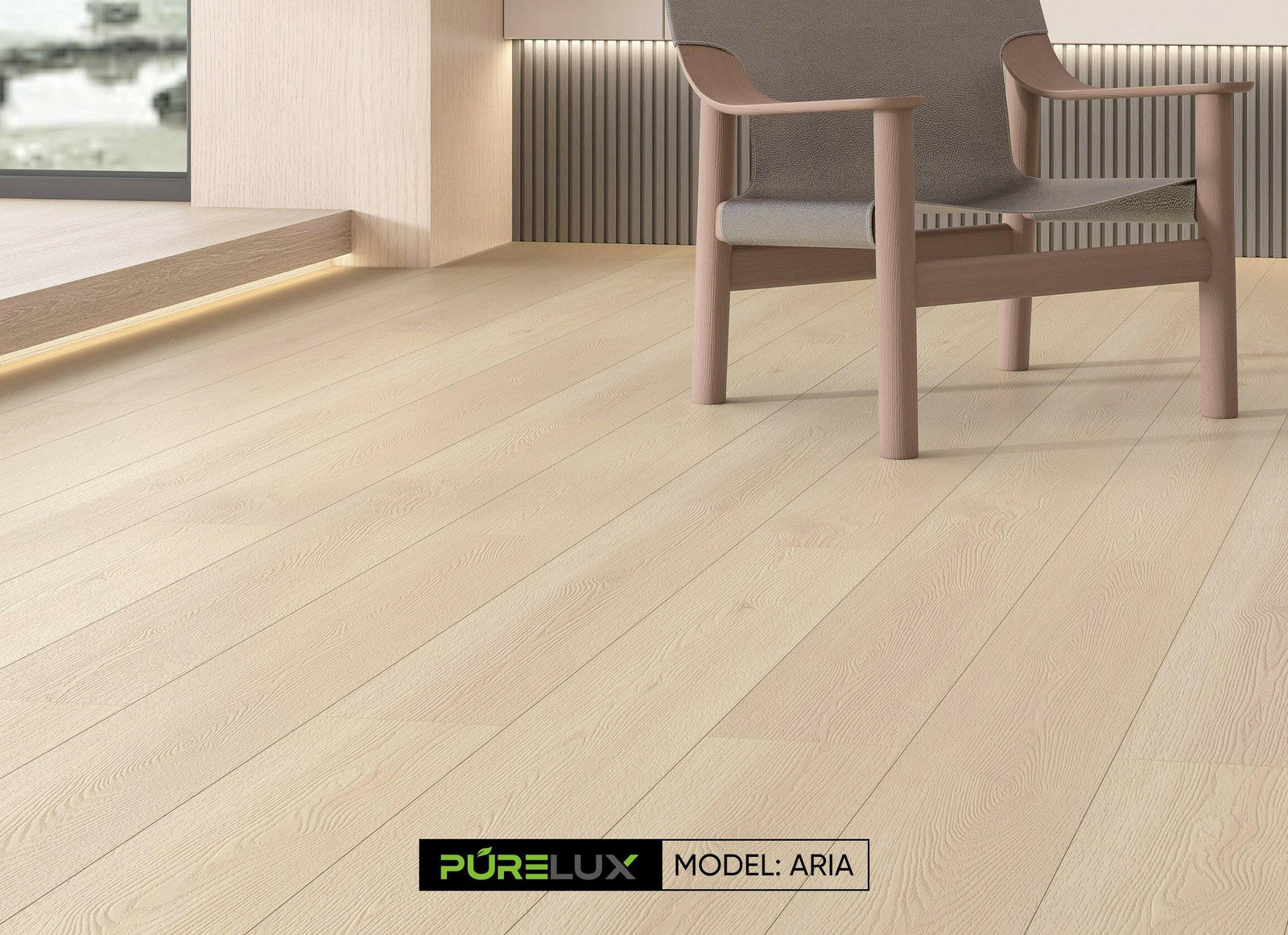 A bright and inviting room showcasing the rich, beige tones of Purelux vinyl plank flooring.
