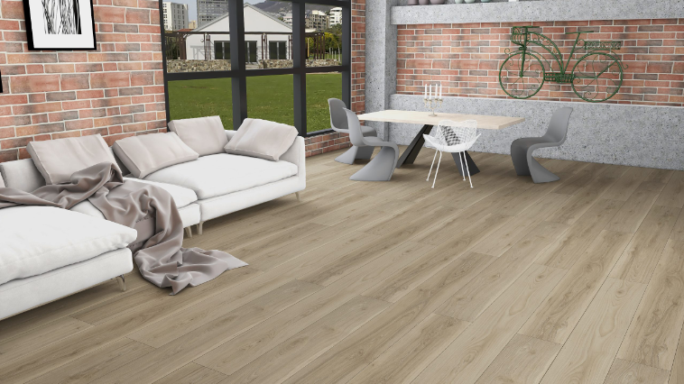 Arizona Fuzion FuzGuard waterproof laminate flooring installed in modern living space, durable AC4 12mm planks. Available at Advanced Flooring Waterloo.