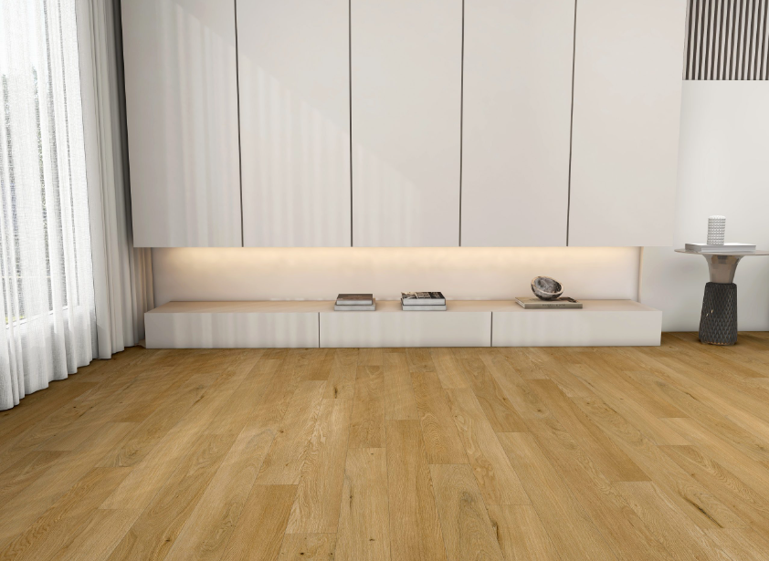 Aroma engineered oak hardwood flooring installed in a modern room, featuring wide 5" x 3/4" planks, 3mm - 4mm veneer layer, and natural wire-brushed finish. 