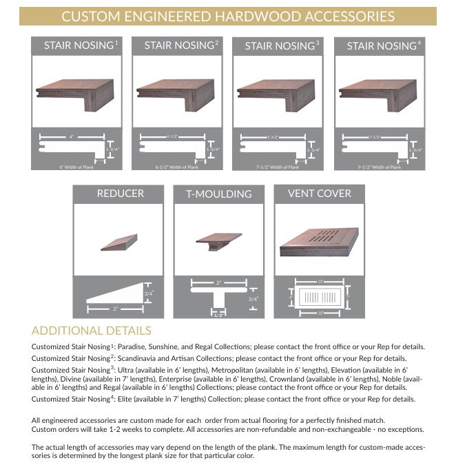 Custom-engineered hardwood accessories, including stair nosings, reducers, T-mouldings, and vent covers. 