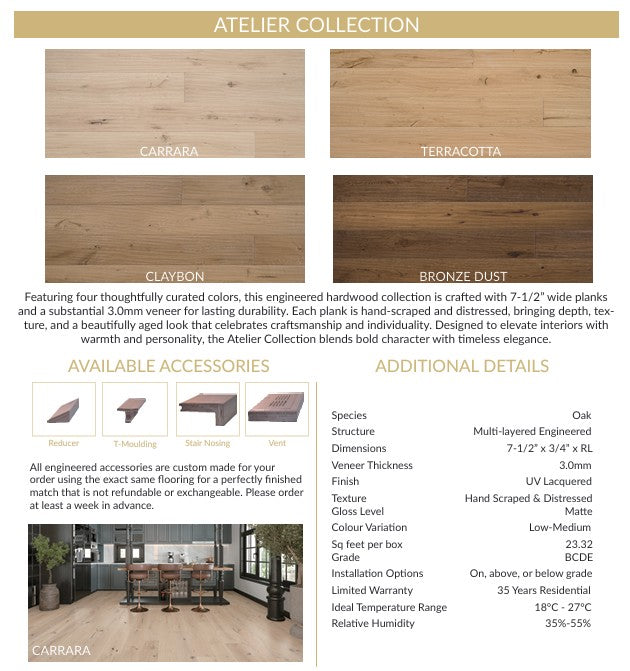Atelier Collection engineered hardwood flooring with color options and product details.