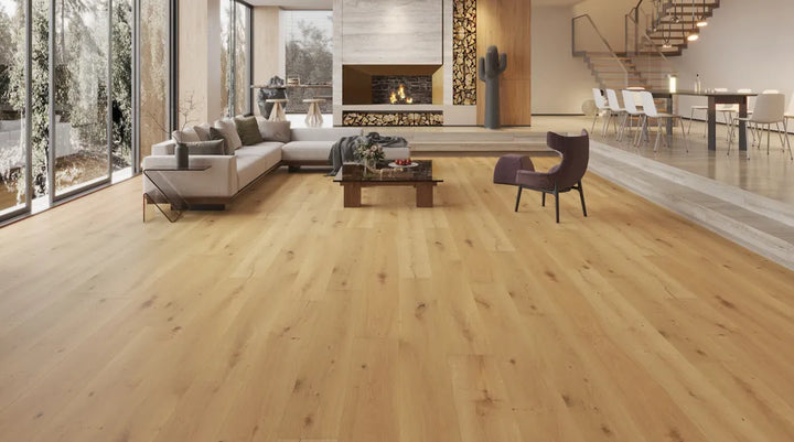 Aurora Breeze - Fuzion TruNorth white oak engineered hardwood flooring, 3mm face layer, 9/16" thickness featuring a wide plank design, natural wood grain texture. Shop at Advanced Flooring Waterloo. 