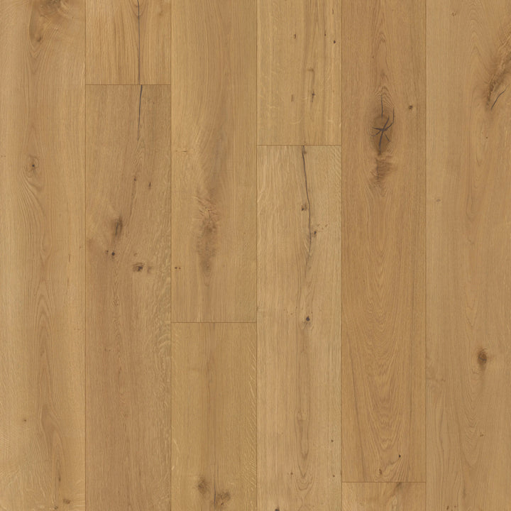 Close-up of an Aurora Breeze by Fuzion TruNorth engineered hardwood flooring featuring wide planks and a durable 3mm top layer.
