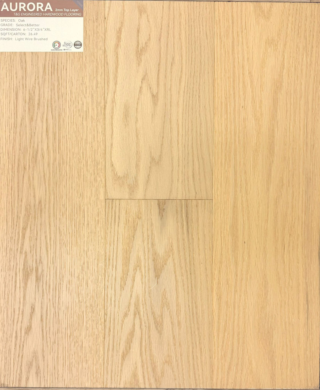 Aurora Weiss engineered hardwood sample, 2mm top veneer layer and tough and groove installation system. Available at Advanced Flooring Waterloo.