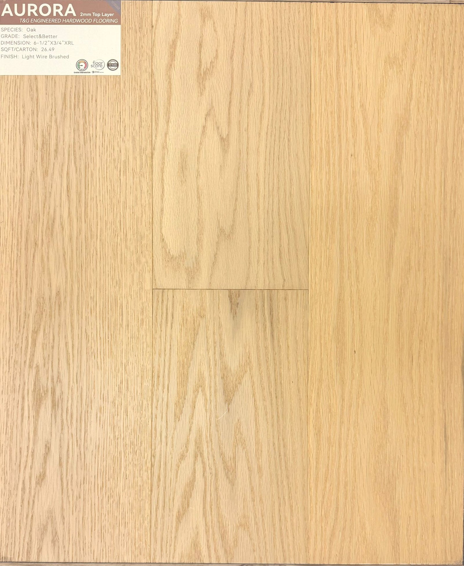 Aurora Weiss engineered hardwood sample, 2mm top veneer layer and tough and groove installation system. Available at Advanced Flooring Waterloo.