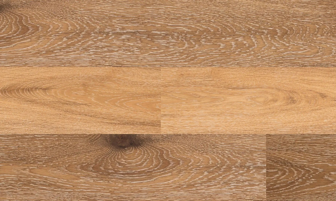 Close-up of Baroque engineered oak hardwood flooring by Fuzion, featuring a wire-brushed texture, 7 1/2" x 9/16" plank. Available at Advanced Flooring Waterloo.