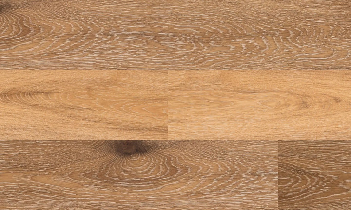 Close-up of Baroque engineered oak hardwood flooring by Fuzion, featuring a wire-brushed texture, 7 1/2" x 9/16" plank. Available at Advanced Flooring Waterloo.