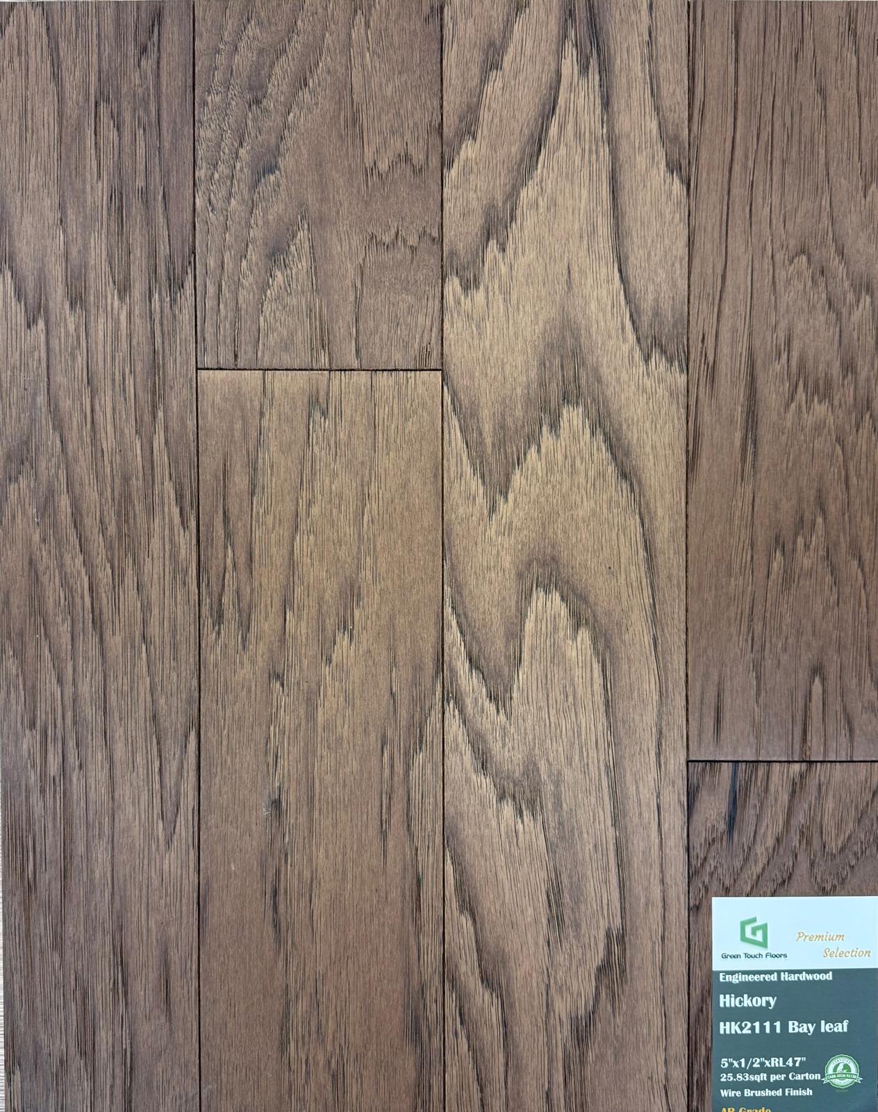 Close-up of BAYLEAF HK2111 - Green Touch 5"*1/2" click Hickory engineered hardwood flooring sample. Available at Advanced Flooring Waterloo. 