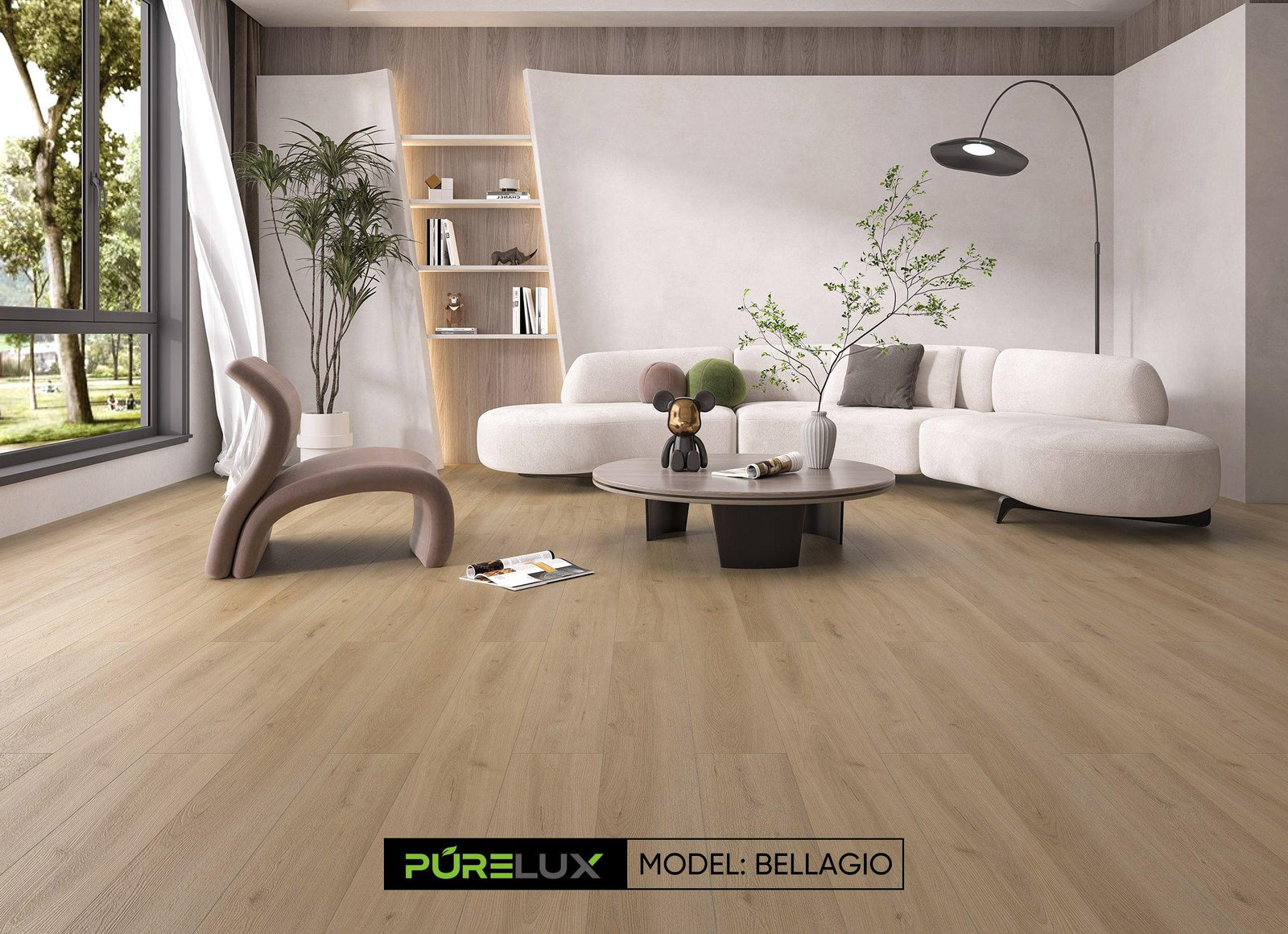 A bright and inviting living room showcasing the rich, brown tones of Purelux vinyl plank flooring.