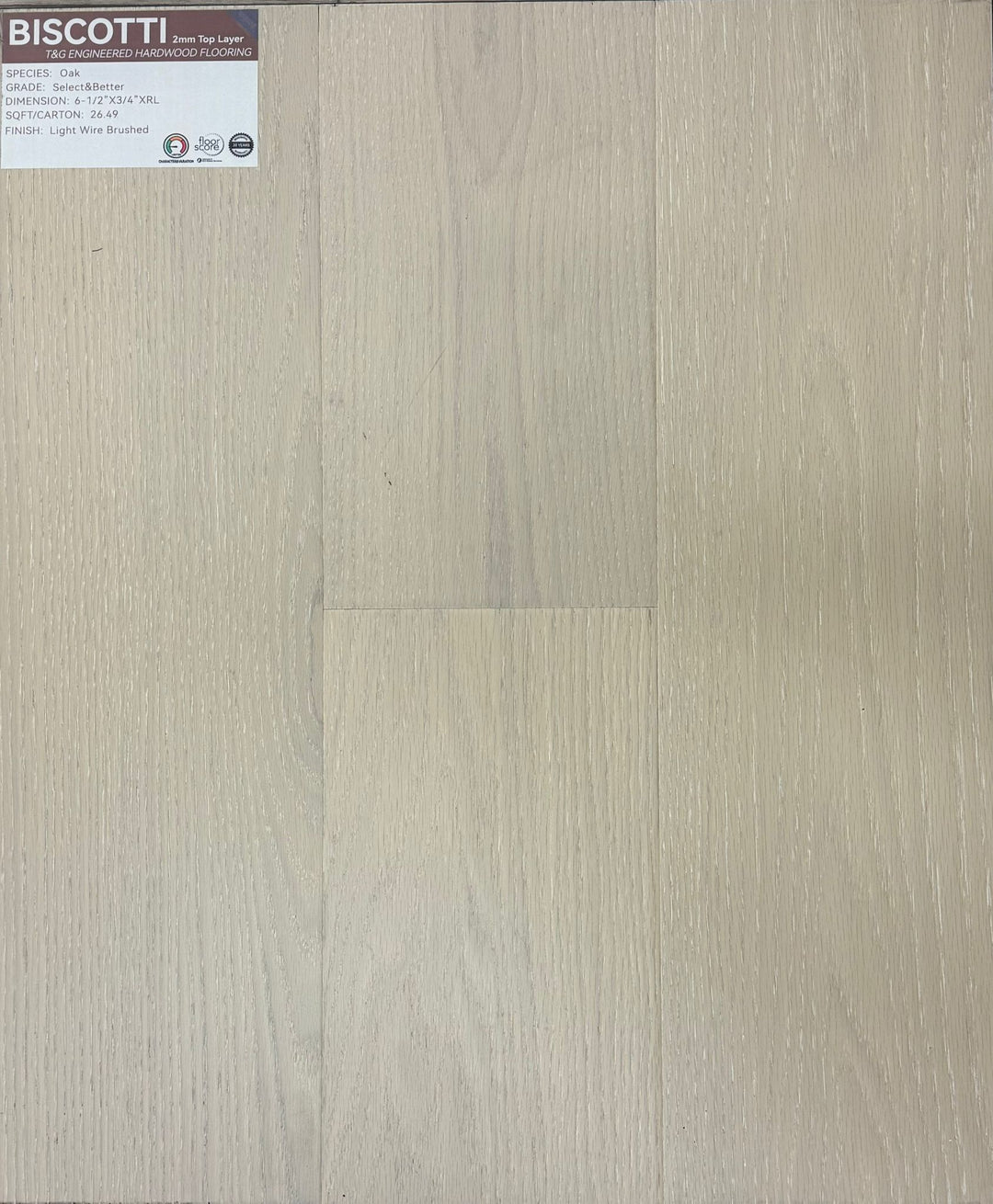 Biscotti Weiss engineered hardwood sample, 2mm top veneer layer, and tough and groove installation system. Available at Advanced Flooring Waterloo.