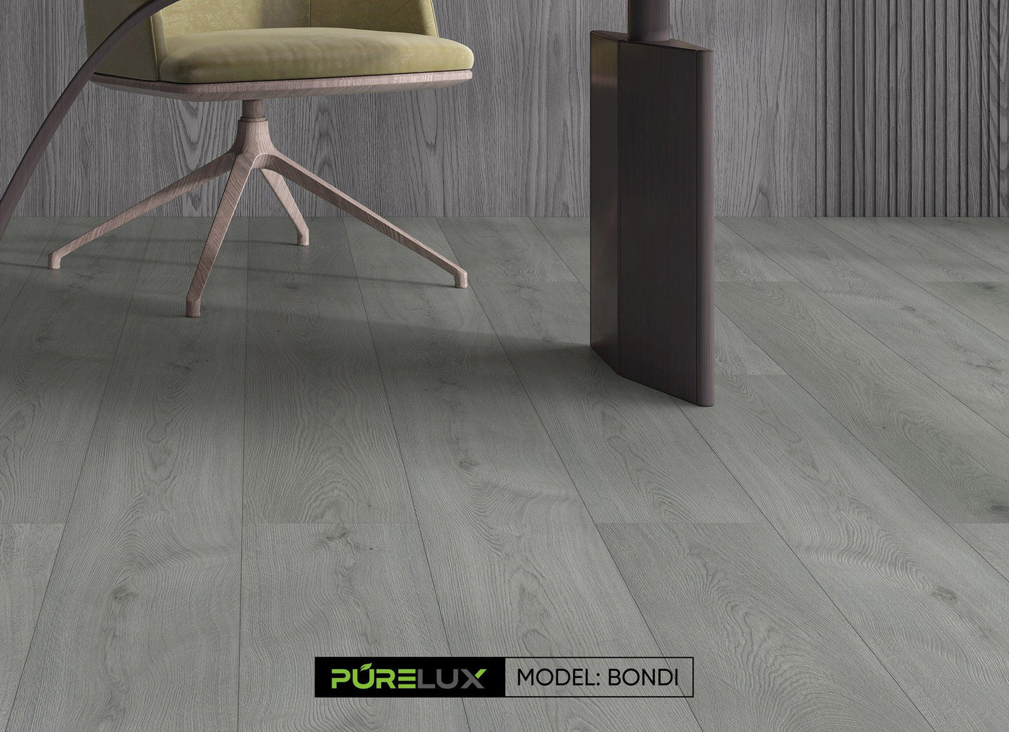 A bright and inviting office showcasing the sleek, medium gray tones of Purelux vinyl plank flooring.