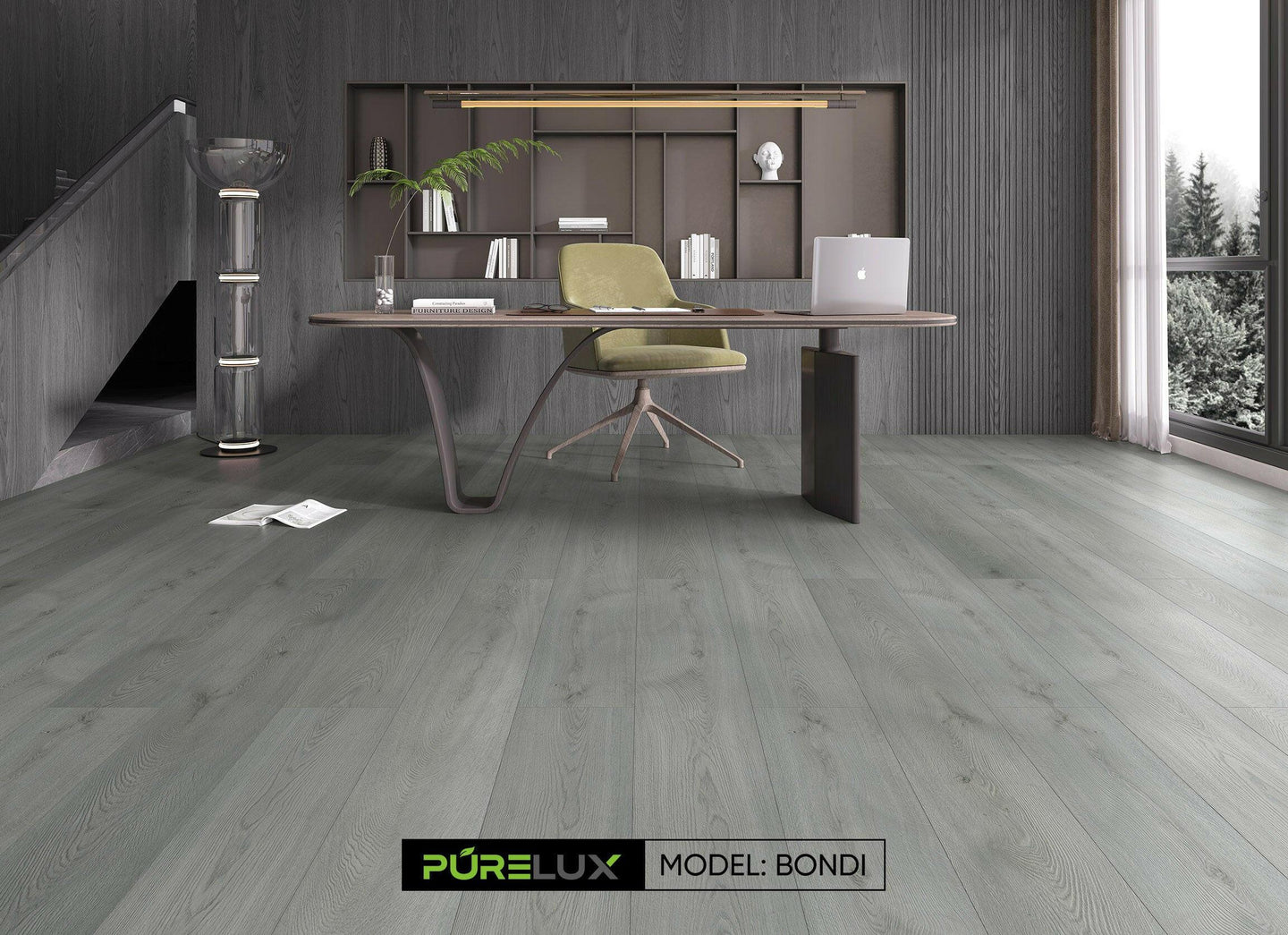 A bright and inviting room showcasing the rich, medium gray tones of Purelux vinyl plank flooring.