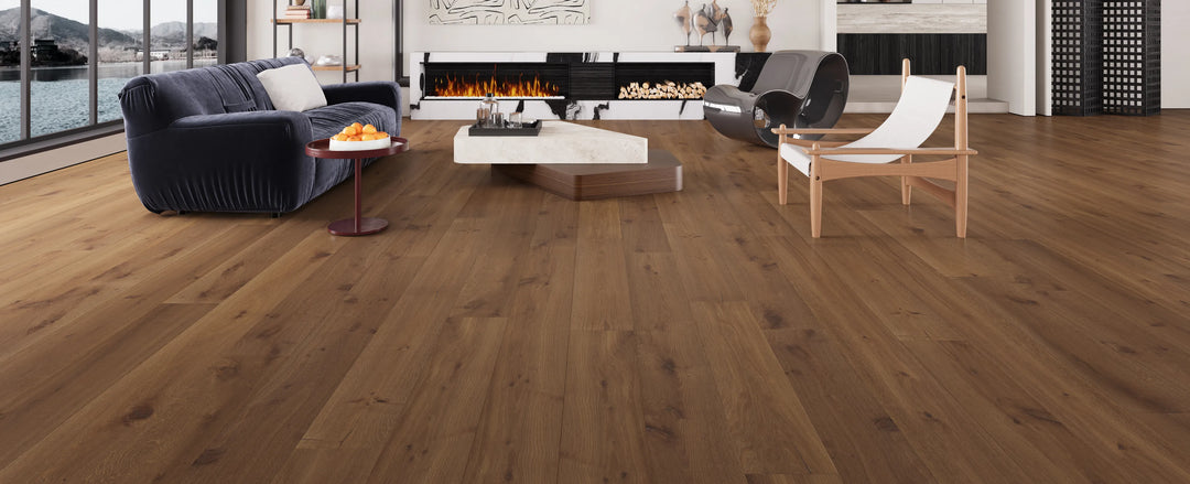 Bramblewood - Fuzion TruNorth white oak engineered hardwood flooring, 3mm face layer, 9/16" thickness featuring a wide plank design, natural wood grain texture. Shop at Advanced Flooring Waterloo. 
