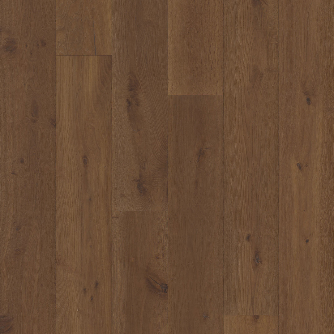 Close up of Bramblewood by Fuzion TruNorth engineered hardwood flooring featuring wide planks and a durable 3mm top layer. 