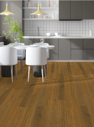 Breakwater Bronze engineered oak hardwood flooring from Outer Banks Elite collection installed in a modern room, featuring wide 6" x 3/4" planks, 3mm veneer layer. Canada-wide delivery available. 
