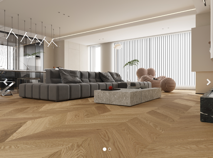 A modern living room which displays the beautiful look of NAME premium herringbone engineered hardwood flooring from Vidar.