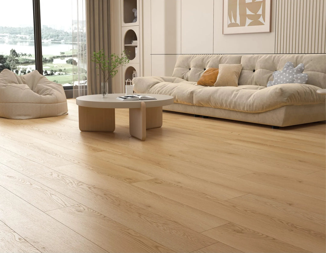 Canadian Standard Akita waterproof laminate flooring installed in a modern living room — natural oak wood texture laminate with professional installation available in Waterloo and Kitchener, Canada-wide delivery.