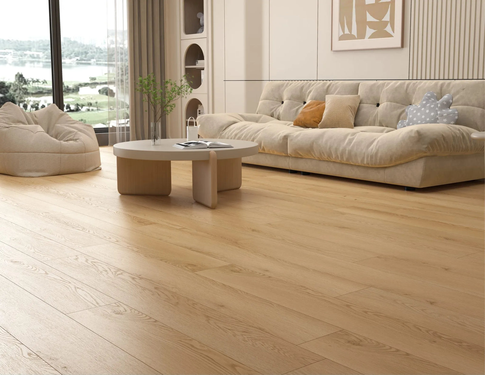 Canadian Standard Akita waterproof laminate flooring installed in a modern living room — natural oak wood texture laminate with professional installation available in Waterloo and Kitchener, Canada-wide delivery.