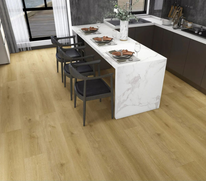 Nara 12mm waterproof laminate flooring by Canadian Standard installed in a modern living room, showcasing natural oak tones and wood-grain finish. Professional installation in Waterloo and Kitchener with Canada-wide delivery by Advanced Flooring.