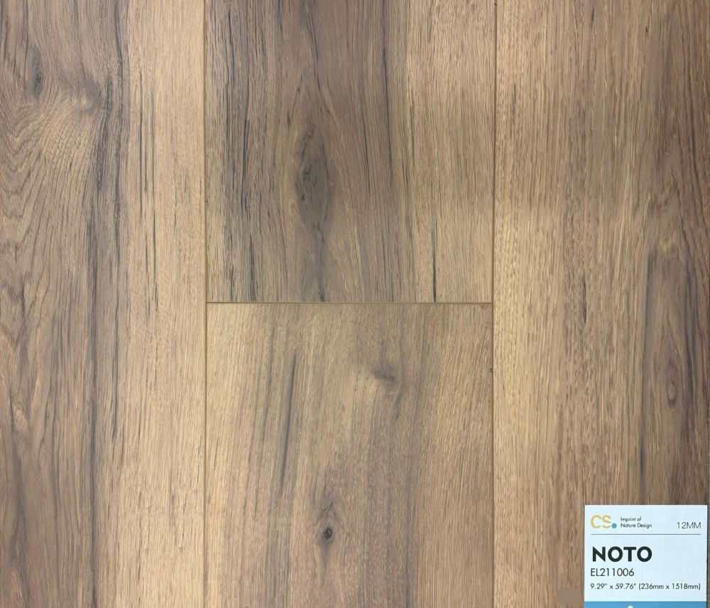 Canadian Standard Noto waterproof laminate flooring sample EL211006 featuring warm natural oak tones and authentic wood grain texture in a 12mm plank design.