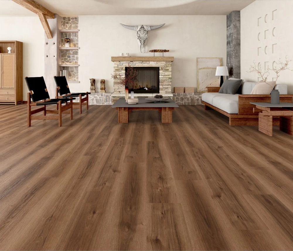 Noto 12mm waterproof laminate flooring by Canadian Standard showcasing warm brown oak color and realistic wood texture, ideal for modern and classic interiors.