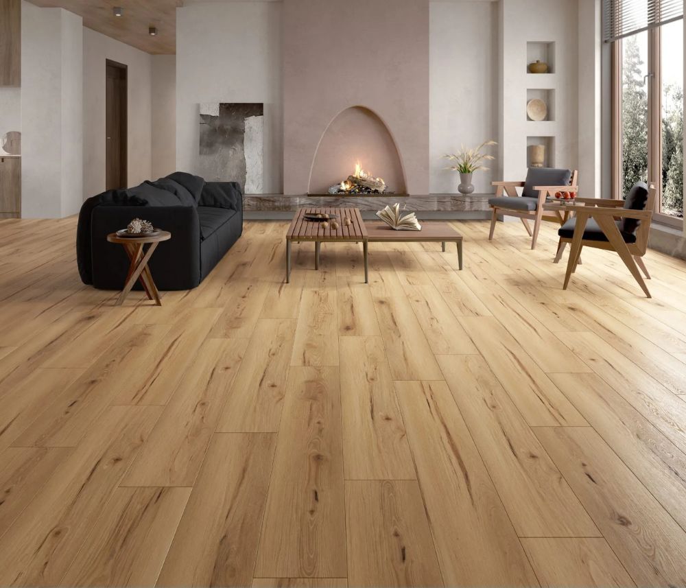 Shikoku 12mm waterproof laminate flooring by Canadian Standard featuring natural oak color and realistic wood finish for a warm, timeless interior look.