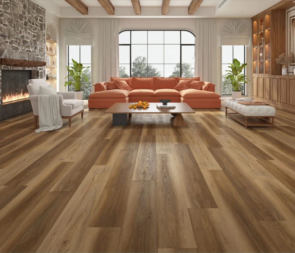 Uji 12mm waterproof laminate flooring by Canadian Standard showcasing warm natural oak color and realistic wood texture for elegant home interiors.