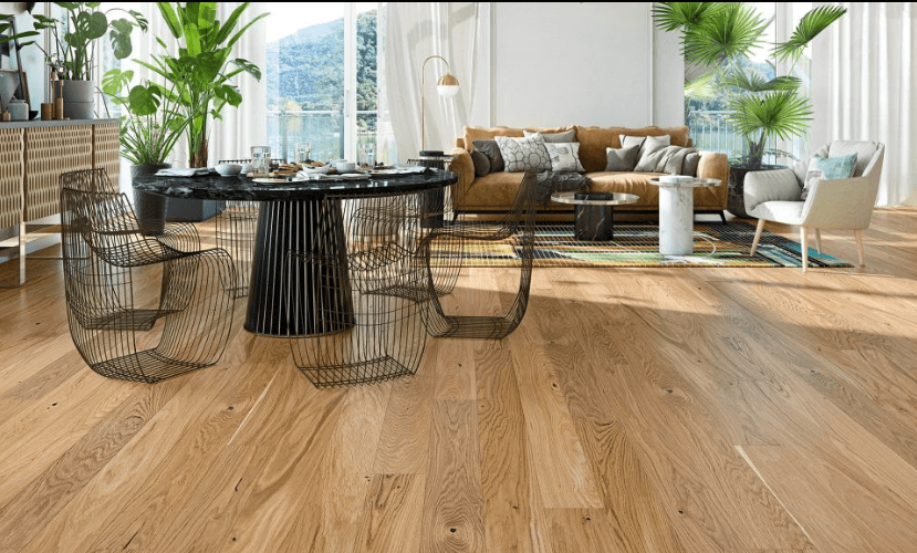 Canyon engineered European oak hardwood flooring from Outer Banks Clic collection installed in a modern room, featuring wide 6" x 9/16" planks, 2.5mm veneer layer. Canada-wide delivery available. 