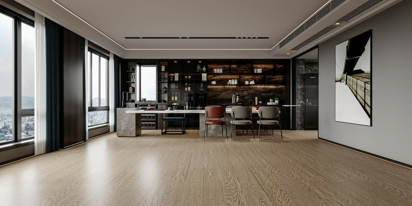 Modern room with Cashmere oak engineered hardwood installed