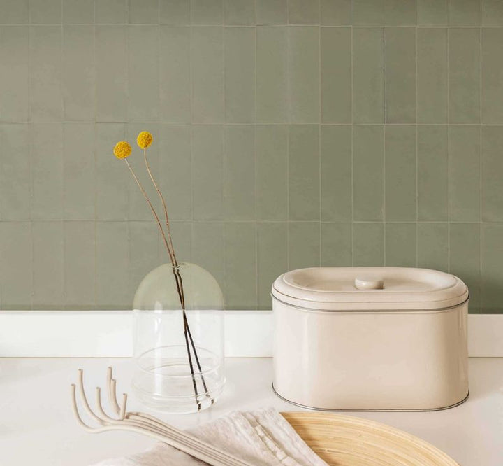 Ceratec Confetto 2x6 matte green porcelain tile flooring and wall tile – durable Class 5 stain-resistant porcelain tiles ideal for kitchen and bathroom walls, available at Advanced Flooring Waterloo with Canada-wide delivery.