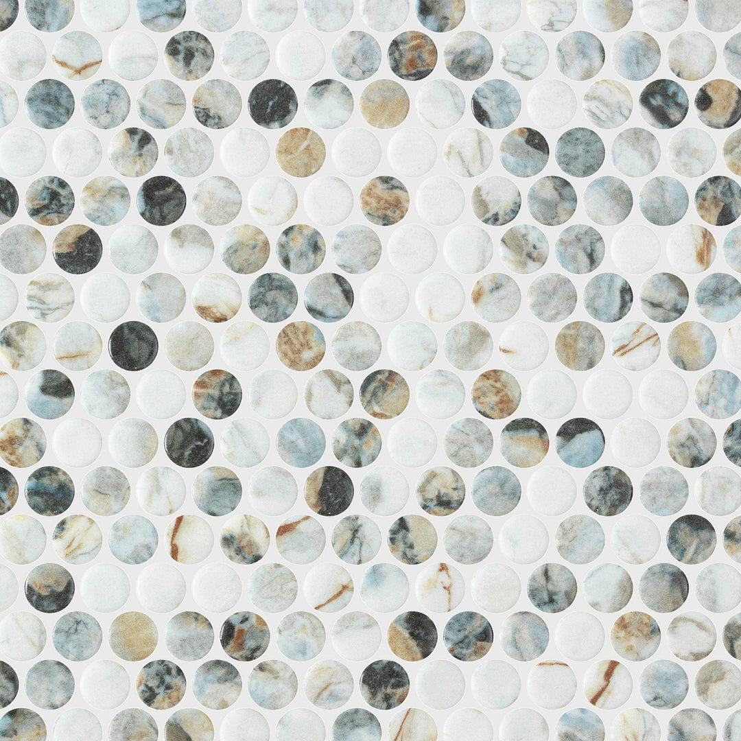 Ceratec Perlas Abuha penny round glass mosaic tile sheet matte finish close-up detail Advanced Flooring