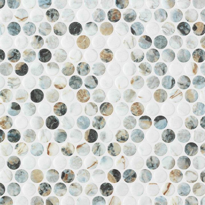 Ceratec Perlas Abuha penny round glass mosaic tile sheet matte finish close-up detail Advanced Flooring
