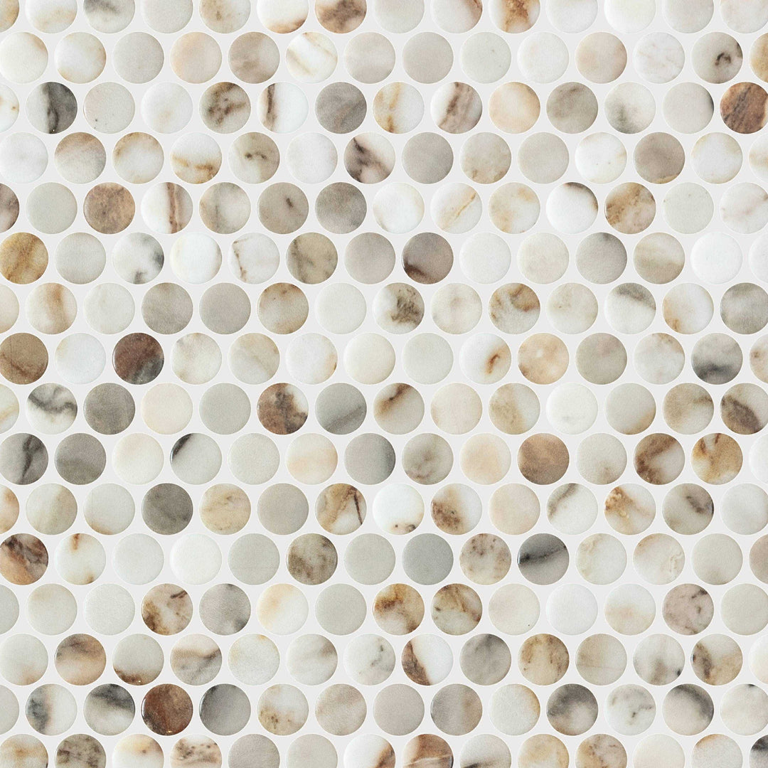 Ceratec Perlas Arabescato Gold penny round glass mosaic tile with soft matte surface detail Advanced Flooring