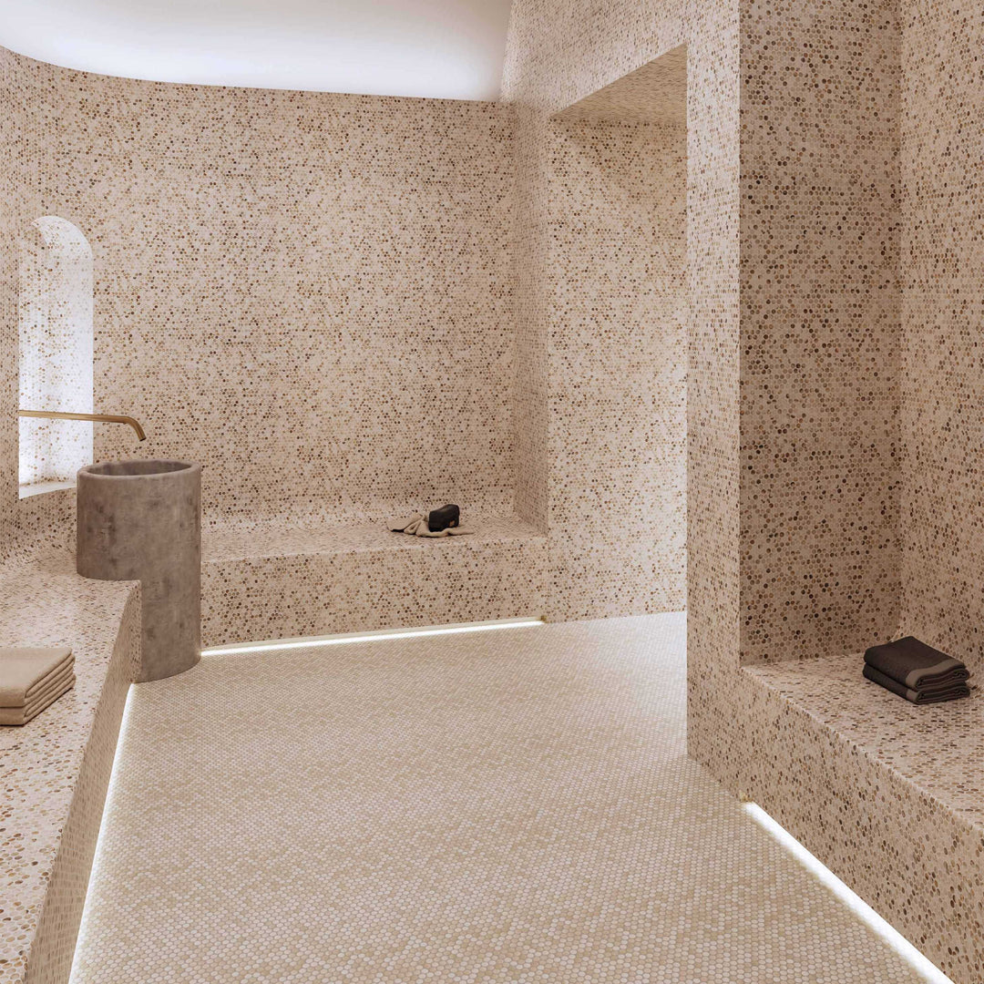 Ceratec Perlas penny round glass mosaic tile installed on bathroom wall & floor with soft matte finish Advanced Flooring