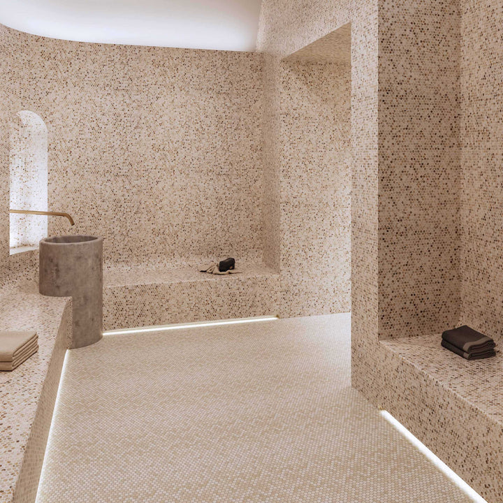 Ceratec Perlas penny round glass mosaic tile installed on bathroom wall & floor with soft matte finish Advanced Flooring