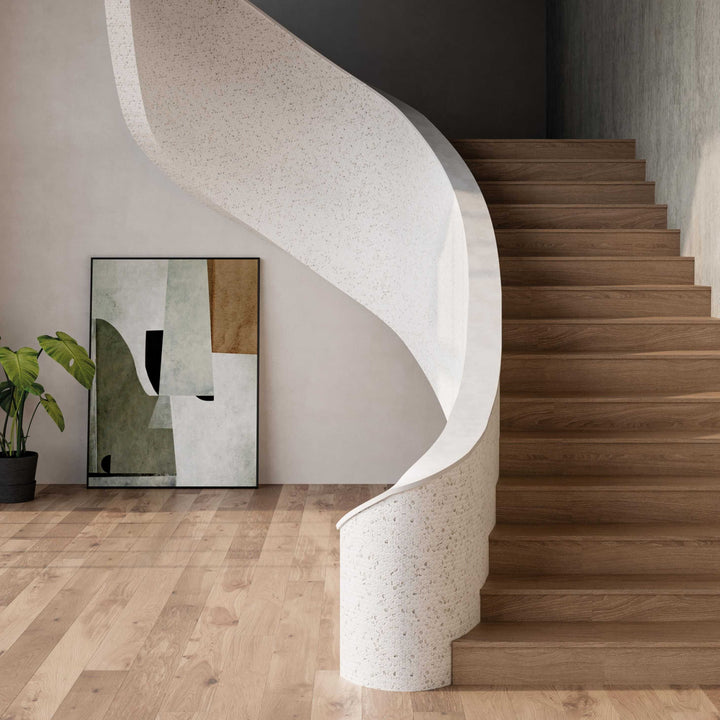 Ceratec Perlas glass mosaic tile penny round pattern installed on the spiral staircase, Advanced Flooring