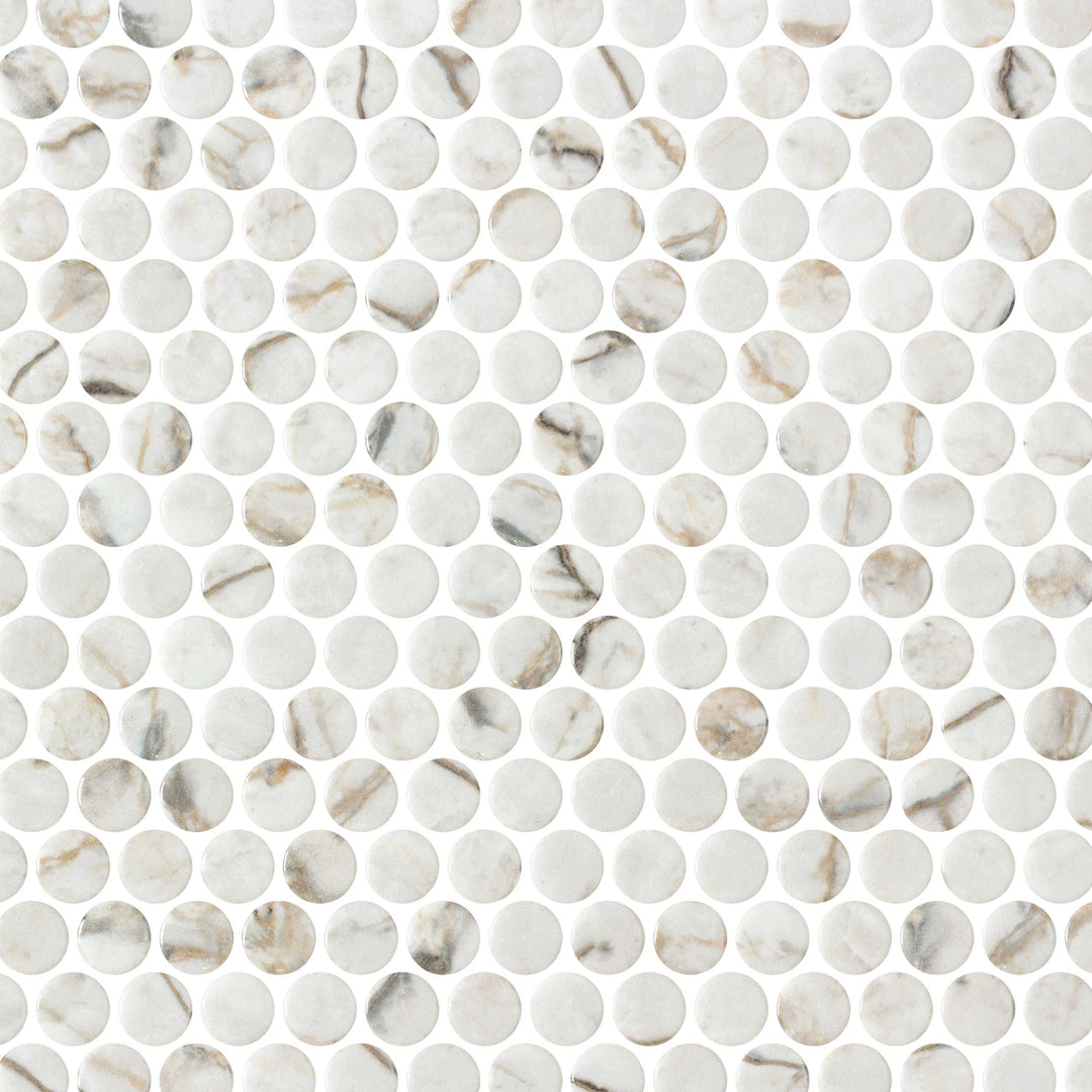 Ceratec Perlas Yada penny round glass mosaic tile sheet close-up texture Advanced Flooring