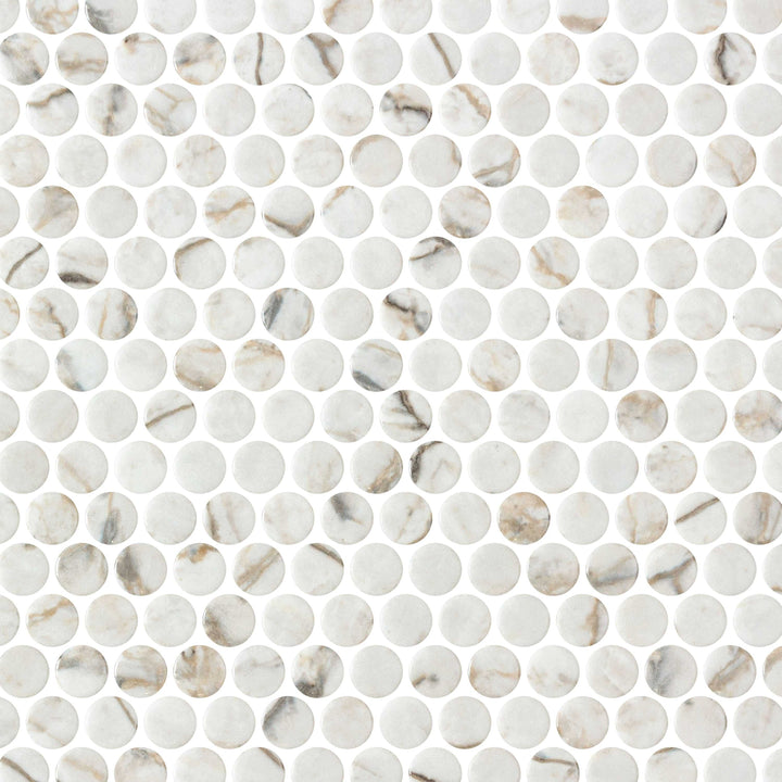 Ceratec Perlas Yada penny round glass mosaic tile sheet close-up texture Advanced Flooring