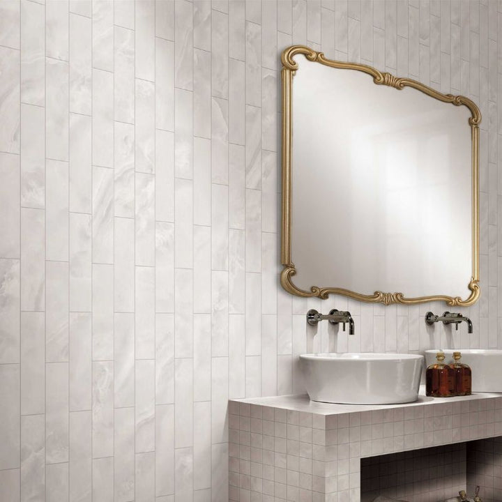 Ceratec Serena wall and floor tile flooring in a luxury bathroom design – elegant white porcelain tiles with matte and polished finish, available at Advanced Flooring Waterloo with Canada-wide delivery.