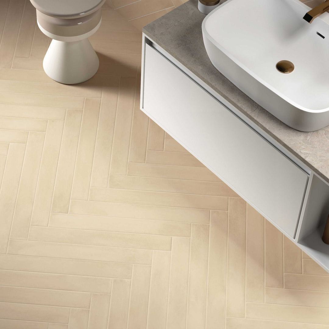 Ceratec Stonella porcelain tile with matte finish in a contemporary bathroom.