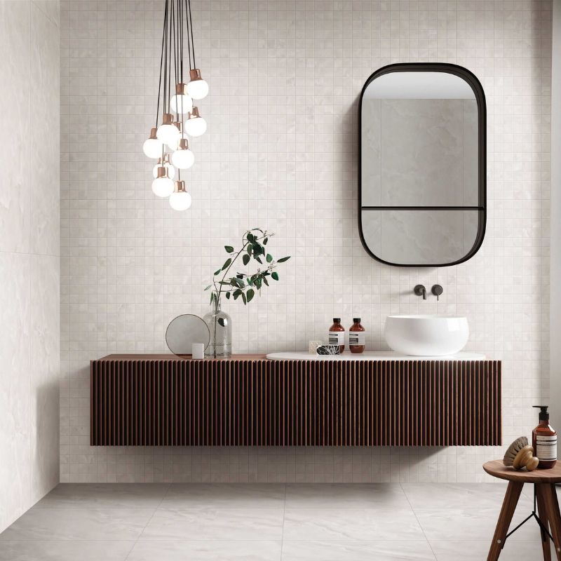 Ceratec Serena tile flooring and wall tiles in a modern bathroom design – elegant porcelain tile layout for floors and walls, available at Advanced Flooring Waterloo with Canada-wide delivery.