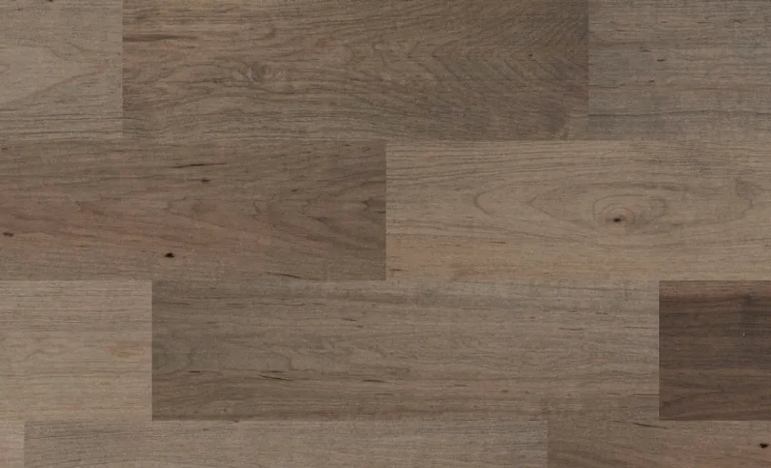 Close-up of Fusion Chai engineered maple hardwood flooring from Bistro collection showing wire-brushed texture, T&G joint, 5" wide plank detail. Available at Advanced Flooring Waterlo