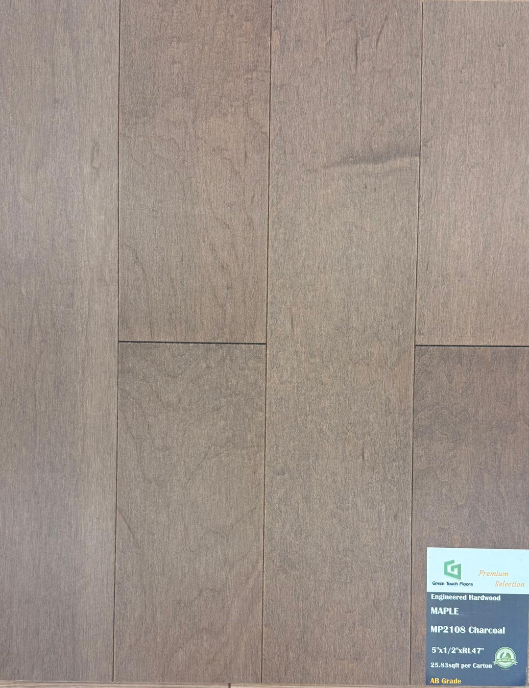 Close-up of CHARCOAL MP2108 - Green Touch 5"*1/2" click Maple engineered hardwood flooring sample. Available at Advanced Flooring Waterloo. 