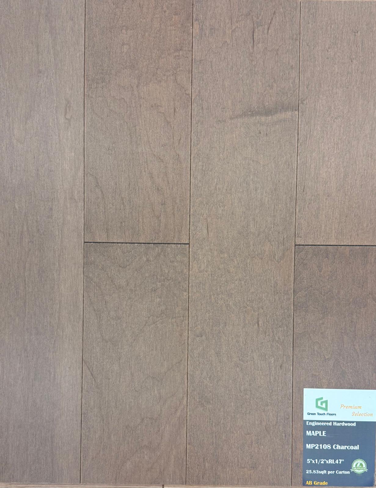 Close-up of CHARCOAL MP2108 - Green Touch 5"*1/2" click Maple engineered hardwood flooring sample. Available at Advanced Flooring Waterloo. 