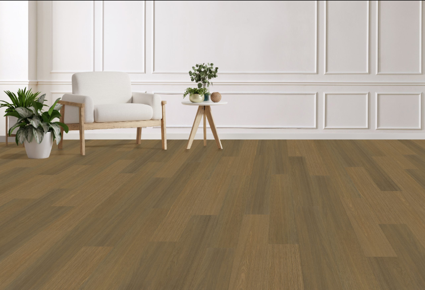 Chiffon Vista engineered oak hardwood flooring installed in a modern room, featuring wide 7.5" x 3/4" planks, 3mm veneer layer. Canada-wide delivery available
