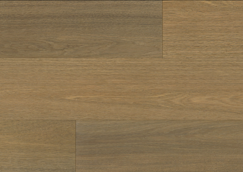 Close-up of Fusion Chiffon Vista 7.5" engineered oak hardwood flooring from Velvet Grove collection showing strong 3mm veneer layer, T&G joint, and 3/4" thick plank. Available at Advanced Flooring Waterloo