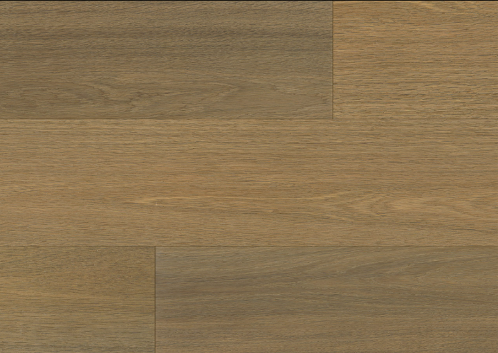Close-up of Fusion Chiffon Vista 7.5" engineered oak hardwood flooring from Velvet Grove collection showing strong 3mm veneer layer, T&G joint, and 3/4" thick plank. Available at Advanced Flooring Waterloo