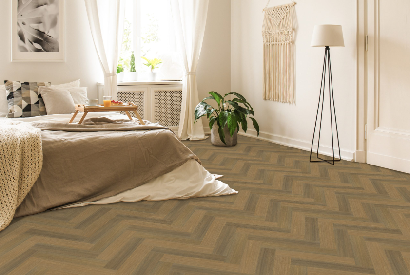 Chiffon Vista engineered oak hardwood flooring installed in a modern room, featuring wide 4-3/4" x 3/4" planks, 3mm veneer layer, and natural wire-brushed finish. Canada-wide delivery available. 
