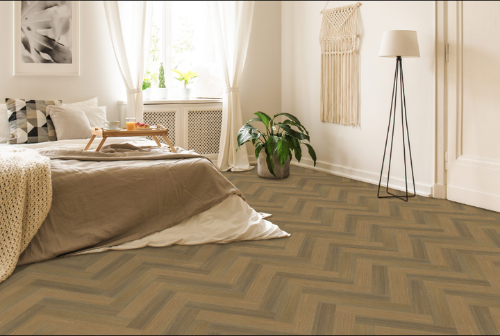 Chiffon Vista engineered oak hardwood flooring installed in a modern room, featuring wide 4-3/4" x 3/4" planks, 3mm veneer layer, and natural wire-brushed finish. Canada-wide delivery available. 