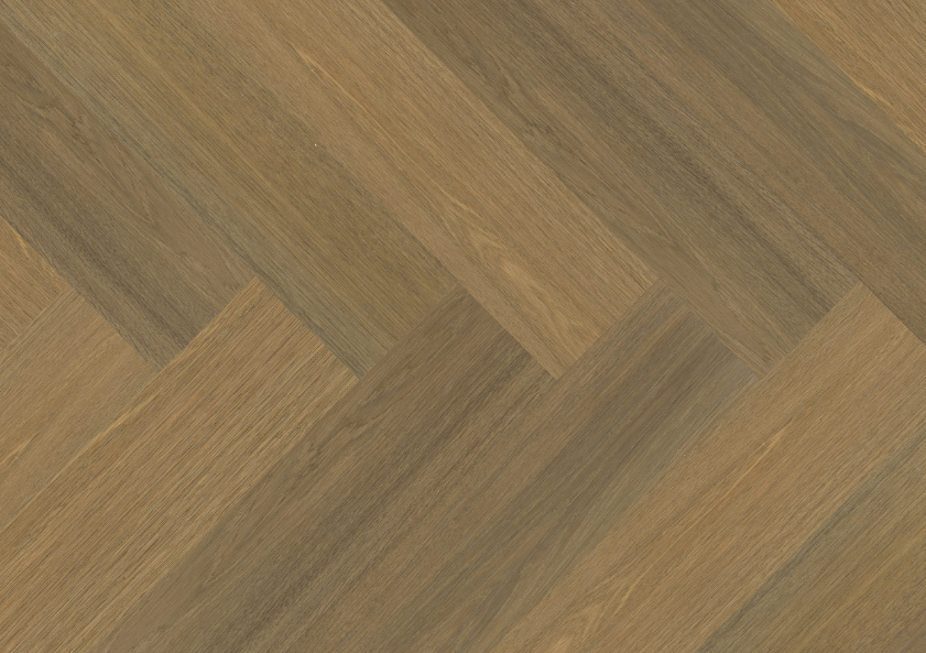 Close-up of Fusion Chiffon Vista engineered oak hardwood flooring from Velvet Grove Herringbone collection showing wire-brushed texture, T&G joint, 4-3/4" wide plank detail. Available at Advanced Flooring Waterloo. 